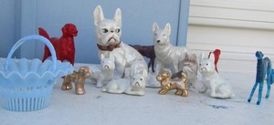 lot 160 image: lot of 2 and 3 puppy figurines,   plastic kid puppies  AND BLUE BASKET