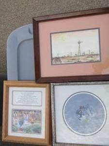 lot 163 image: Wall art Sunset Windmill by Karen 15x12,     kids cousin to cousin 12x10 and  Puppy by Mirab 84 12x12