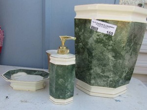 lot 169 image: Bathroom lot- Croscill toothbrush holder, Carrera lotionsoap dispenser, cracked soap dish and Carrera trash bin