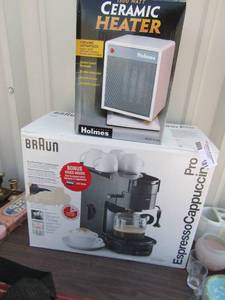 lot 181 image: Holmes 1500 watt ceramic heater (NIB) Braun Espresso Cappuccino pro E600 with 4 cups
