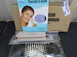 lot 221 image: McKenna makeup mirrors, jewlery roll, Beauty Control manicure set and facial cloth