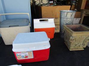 lot 273 image: 1.25 gal Rubbermaid cooler, lunch box, Coleman cooler and assorted planters