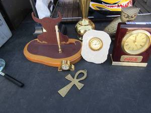 lot 281 image: Coca Cola clock, pen holder, owl, singing flag and more