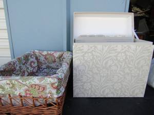 lot 283 image: New recipe box  with cards wicker basket  with floral cover