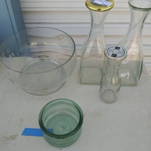 lot 240 image: Glass fruit bowl glass candle holder vintage milk jugs