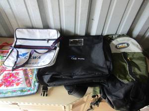 lot 300 image: Camel back backpack. Simuflite carry on bag, COWA postal bag, Tapestry satchel