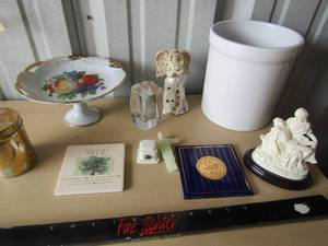 lot 303 image: Decorative plate, christmas tin, coaster, brass fire lighter and more