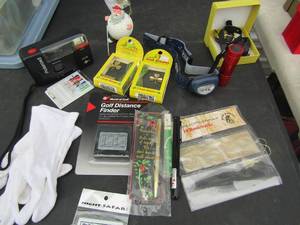 lot 361 image: 3 Irish minute hour glasses bookmarks, friendship pin, golf ball santa, mini flashlight and more