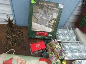 lot 366 image: Christmas tree star topper lighted and Rauch hand painted ornaments x 4, s&P shakers, santa wine box