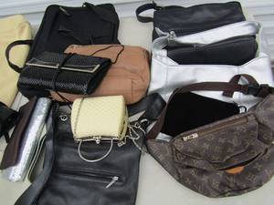 lot 393 image: Purse lot- Louis Vuitton (MARKED LV) fanny pack, Kate lang, Laura Mercier, black sequin gold trim black sequin and more