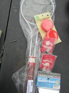 lot 398 image: Collapsible cups with pill box NIBB x 2 whistle alerts RM pro tennis racket and emergency blanket