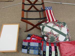 lot 399 image: Bed tray, 4 queen size quilts , American flag anchor pillow and  quilt rack
