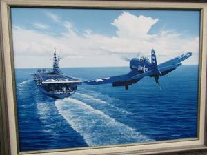 lot 402 image: Gary Mermeen Navy VF53 NX97GMWWII F4 fighter jet and picture of Valley Forge navy ship 311-S Navy plane 34x25