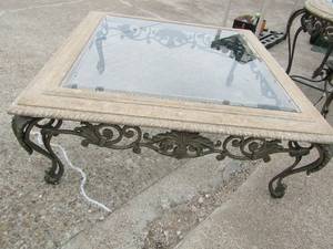 lot 45 image: Glass top square coffee table metal frame leaf dcor  approx 48 x48