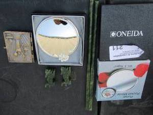 lot 211 image: Oneida Stainless steel makeup mirror,  green marble chopsticks and DRAGONS