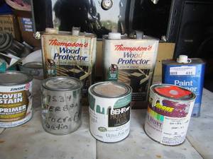 lot 431 image: Assorted paint and stains (Behr and Sherwin Williams) and mineral spirits