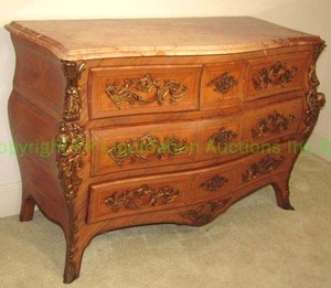lot 1 image: Antique Louis XV commode with marble top and brass ormolu embellishments, 35 x 48 x 22