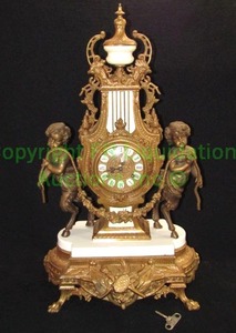 lot 2 image: Antique German ormolu gilded ornate brass and marble cherub mantle clock, 23 tall