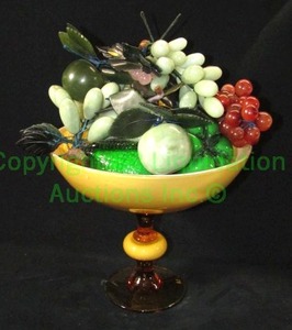 lot 9 image: Hand blown art glass compote with vintage glass and marble figural fruit