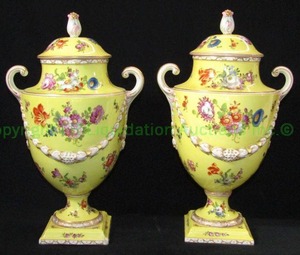 lot 10 image: Antique European style ceramic lidded urns, 3D Bas Relief bell flower swag decoration, 14 tall each