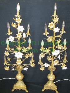 lot 14 image: Gilt Brass & Bronze French Neoclassical Electrified Floral Candelabras, 42 tall each