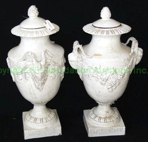 lot 16 image: Oversized Italian made stoneware lidded urns, Rams head figural handles, 30 tall each