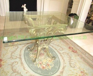 lot 17 image: Ornate beveled glass top accent table, metal gilt base decorated with scrollwork and Acanthus leaves, 48 x 48 x 31