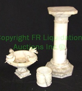lot 22 image: Solid Italian travartine marble bird bath 12 wide and Roman theme column 21 tall (column can be disassembled)