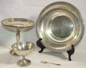 lot 28 image: Sterling silver compote, pedestal cup, spoon and large serving bowl