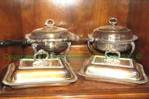 lot 36 image: Silver plate chafing dishes and lidded serving dishes. Includes English Goldsmiths Alliance pre-1898 Victorian dish (19th century)