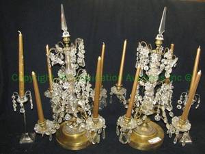 lot 78 image: Gilt bronze or brass crystal girandole candelabra set plus as shown, 26 tall each