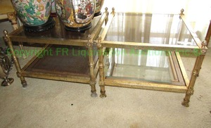 lot 51 image: Regency brass bamboo frame glass top end table set, Artichoke finials, 20.5 x 20.5 x 16.5 each