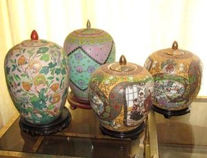 lot 53 image: Vintage Asian theme lidded ovoid jars on wood stands, tallest is 14