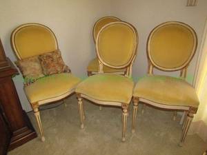 lot 58 image: Vintage Louis XV style dining chair set of 4 20th century, Fruitwood with whitewashed finish. Vintage goldenrod upholstery. Reeded legs.(Bid is times the quantity)