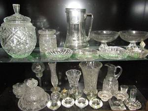 lot 69 image: Assorted crystal, EAPG and glass ware as shown Includes W. German domed buttercheese dish by Price Glass