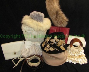lot 75 image: Assorted ladies accessories including white wicker basket purse, Frank Olive and Simon Bros. hats plus more as shown,