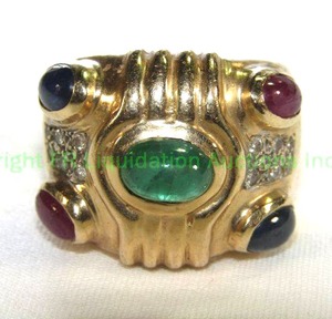 lot 413 image: 14K Multi Gem Cabochon Ring with Sapphire Ruby Emerald Diamonds Stones Diamonds and stones tested