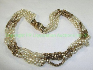 lot 445 image: 14K and pearl multi strand 18L Necklace. Insertion Clasp marked 14K
