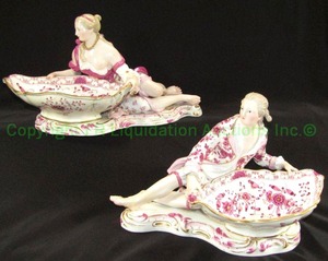 lot 93 image: Antique Meissen Pair of figural sweetmeat dishes, Cancelled blue crossed swords mark