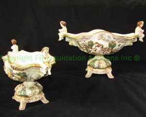 lot 103 image: Vintage R. Capodimonte MAS Italy footed pedestal large centerpiece bowls, applied cherubs, tallest is 11