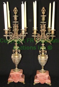 lot 120 image: Antique rouge pink marble claw foot girandole trophy candelabra set, French, 28 tall each
