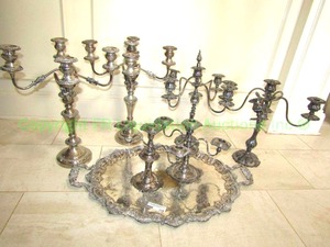 lot 119 image: Silver plate candelabras and serving platter, tallest is 19