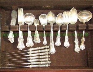 lot 116 image: Sterling silver utensil set in wood display storage box (Bid is times the quantity of 66)