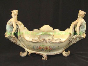 lot 144 image: Antique footed Capodimonte centerpiece dish w incorporated figurals, 14 wide