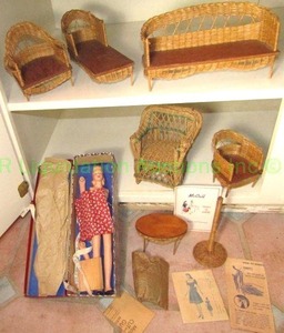lot 171 image: 1940s McCalls Peggy the modern fashion doll sewing kit and vintage wicker doll furniture