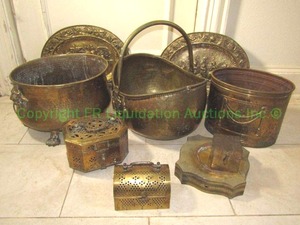 lot 157 image: Brass pots, platters and more as shown
