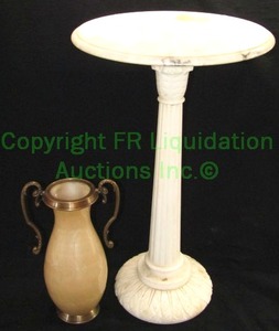 lot 151 image: Solid carved marble accent table (23 tall) and glass vase with brass fittings