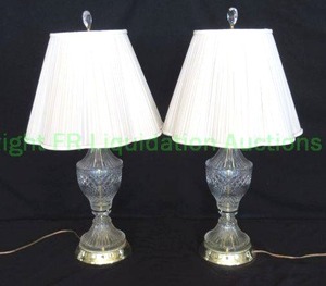 lot 451 image: Lead crystal and metal base table lamp set wcrystal finials (Cords need replaced), 27 tall each