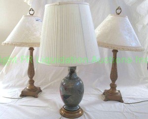 lot 592 image: Retro brass or patinated bronze table lamps with laurel wreath finials and damask shades, floral table lamp wpleated shade