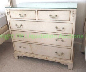 lot 599 image: Antique French provincial dresser with hand carved irregular shape dovetail drawer boxes & fitted glass top